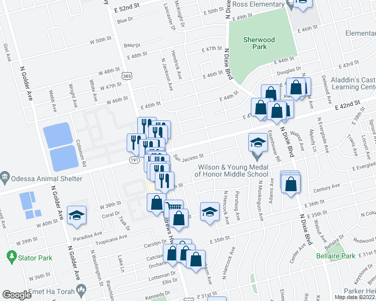 map of restaurants, bars, coffee shops, grocery stores, and more near 306 East 42nd Street in Odessa