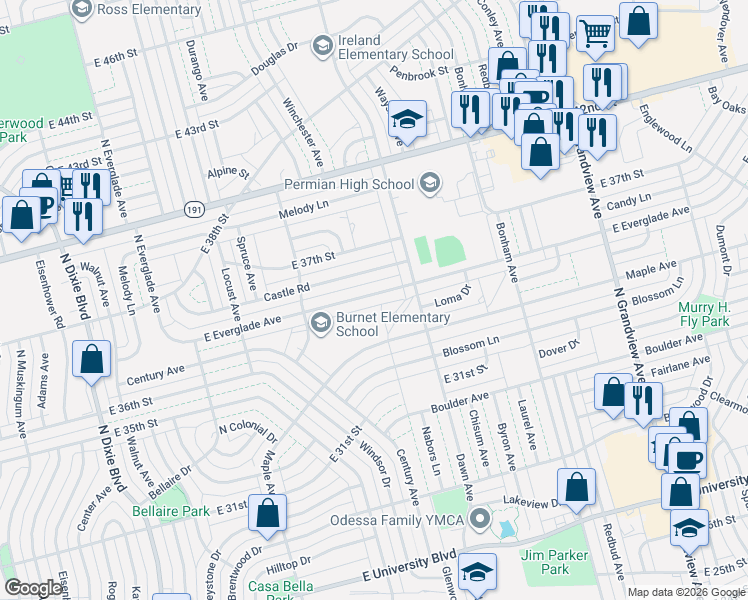 map of restaurants, bars, coffee shops, grocery stores, and more near 1624 East Everglade Avenue in Odessa