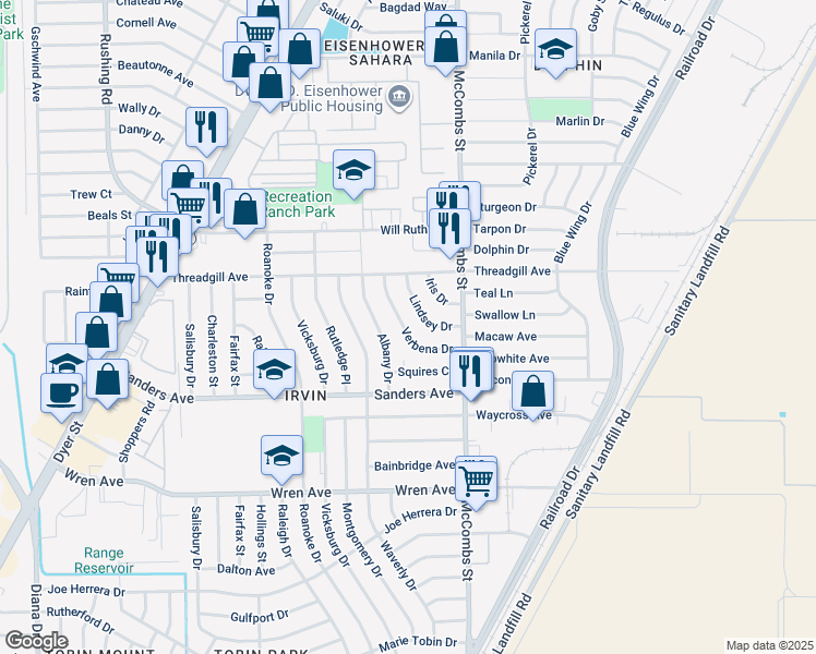 map of restaurants, bars, coffee shops, grocery stores, and more near 9529 Verbena Drive in El Paso
