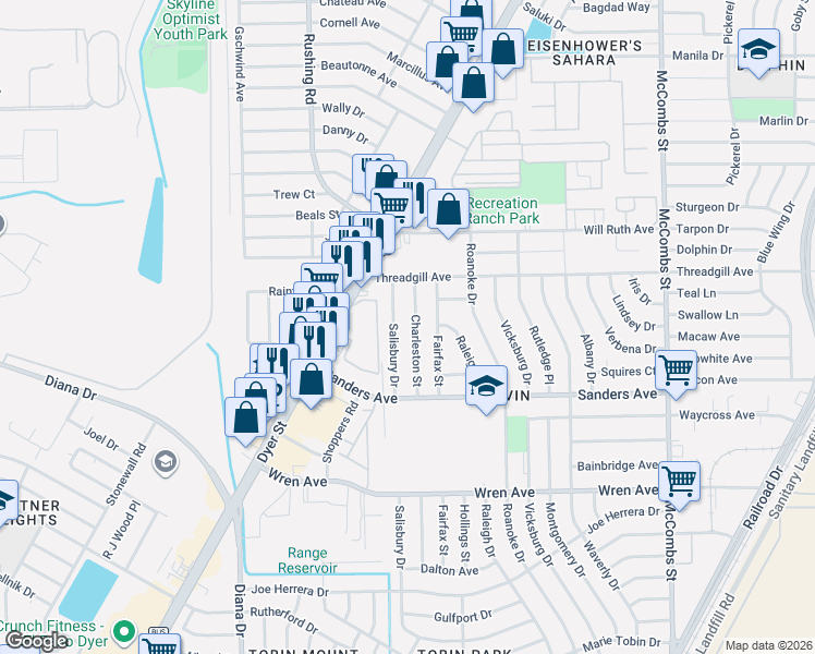 map of restaurants, bars, coffee shops, grocery stores, and more near 9518 Charleston Street in El Paso