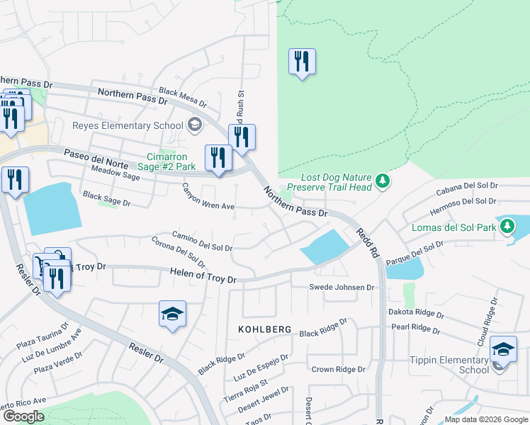map of restaurants, bars, coffee shops, grocery stores, and more near 1636 Sora Way in El Paso