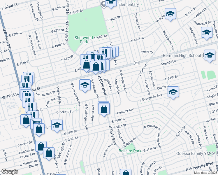 map of restaurants, bars, coffee shops, grocery stores, and more near 3809 Walnut Avenue in Odessa