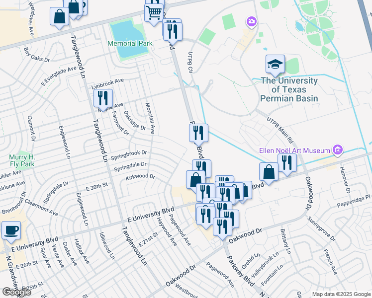 map of restaurants, bars, coffee shops, grocery stores, and more near 25 Chimney Hollow in Odessa