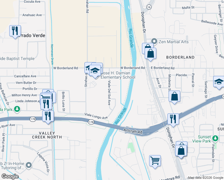map of restaurants, bars, coffee shops, grocery stores, and more near 6258 Viale Lungo Avenue in El Paso