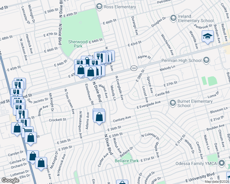 map of restaurants, bars, coffee shops, grocery stores, and more near 3815 N Everglade Ave in Odessa