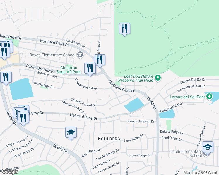 map of restaurants, bars, coffee shops, grocery stores, and more near 6201 Northern Pass Drive in El Paso