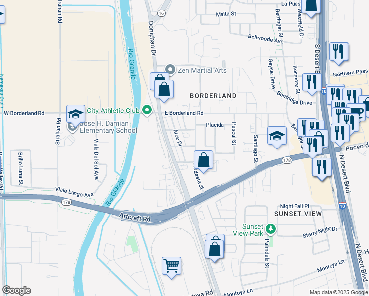 map of restaurants, bars, coffee shops, grocery stores, and more near 6341 Modesta Street in El Paso