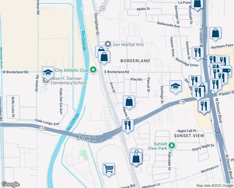 map of restaurants, bars, coffee shops, grocery stores, and more near 6341 Modesta Street in El Paso