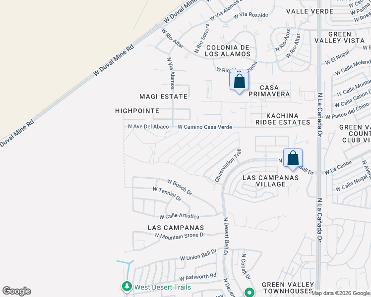 map of restaurants, bars, coffee shops, grocery stores, and more near 878 North Astronomer Lane in Green Valley