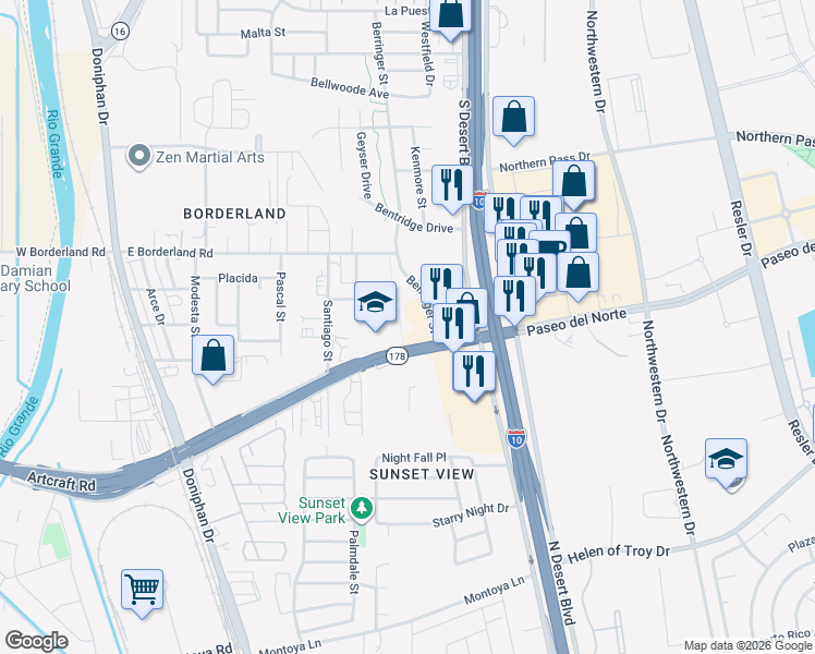 map of restaurants, bars, coffee shops, grocery stores, and more near 6381 Berringer Street in El Paso