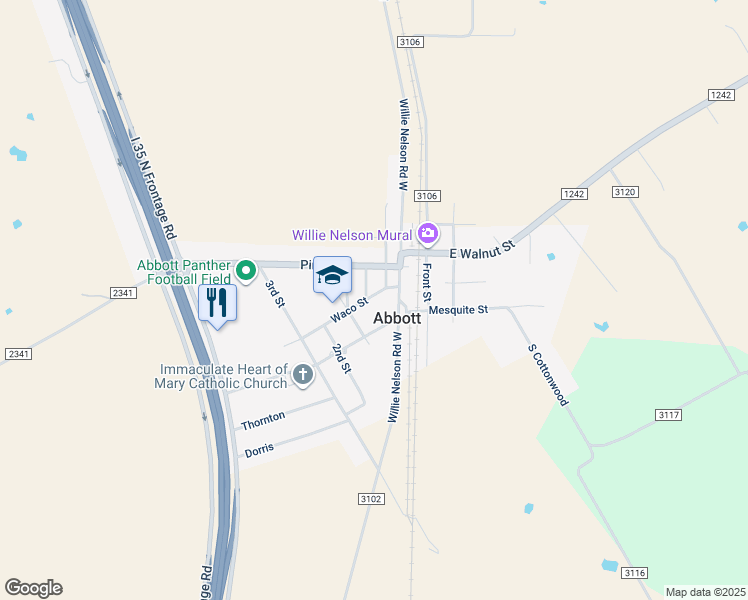 map of restaurants, bars, coffee shops, grocery stores, and more near 307 Waco Street in Abbott