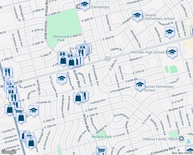 map of restaurants, bars, coffee shops, grocery stores, and more near 3815 N Everglade Ave in Odessa
