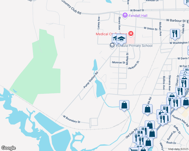 map of restaurants, bars, coffee shops, grocery stores, and more near 520 Pump Station Road in Eufaula