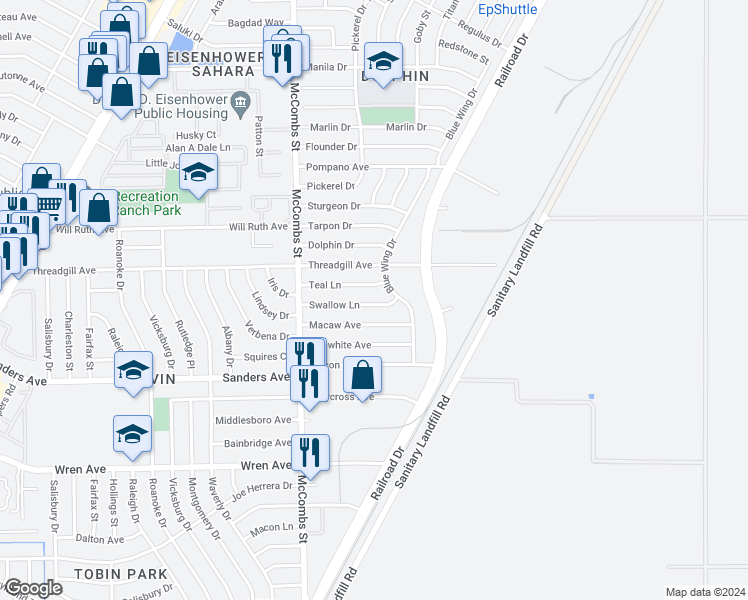 map of restaurants, bars, coffee shops, grocery stores, and more near 9572 Blue Wing Drive in El Paso