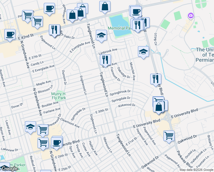 map of restaurants, bars, coffee shops, grocery stores, and more near 4200 Stillwood Ln in Odessa