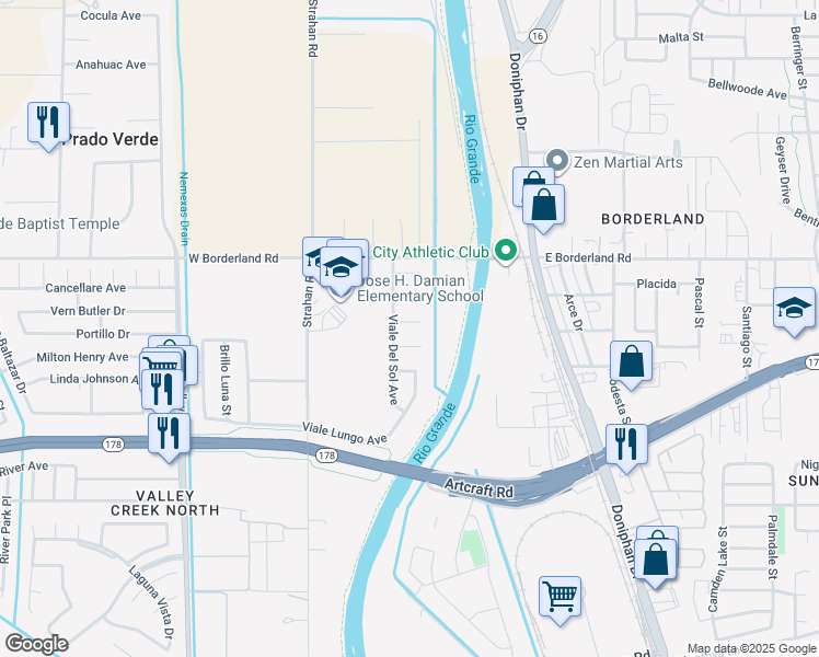 map of restaurants, bars, coffee shops, grocery stores, and more near 312 Corte Rimini Way in El Paso