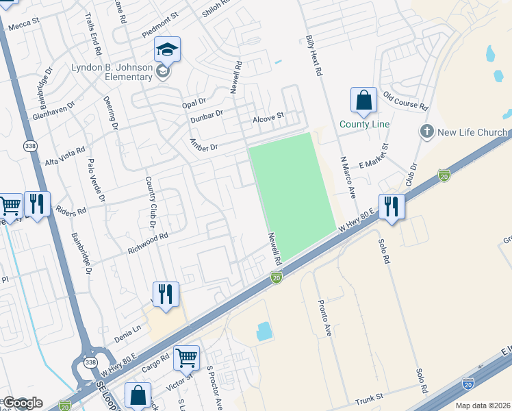map of restaurants, bars, coffee shops, grocery stores, and more near 2218-2498 Newell Road in Odessa