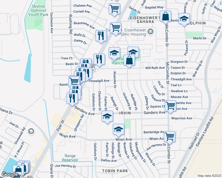 map of restaurants, bars, coffee shops, grocery stores, and more near 5333 Olan Court in El Paso