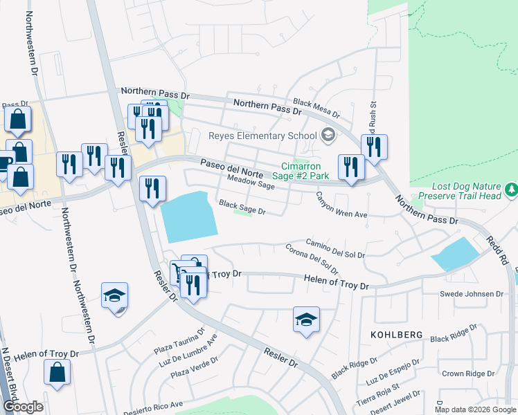 map of restaurants, bars, coffee shops, grocery stores, and more near 7356 Autumn Sage Drive in El Paso