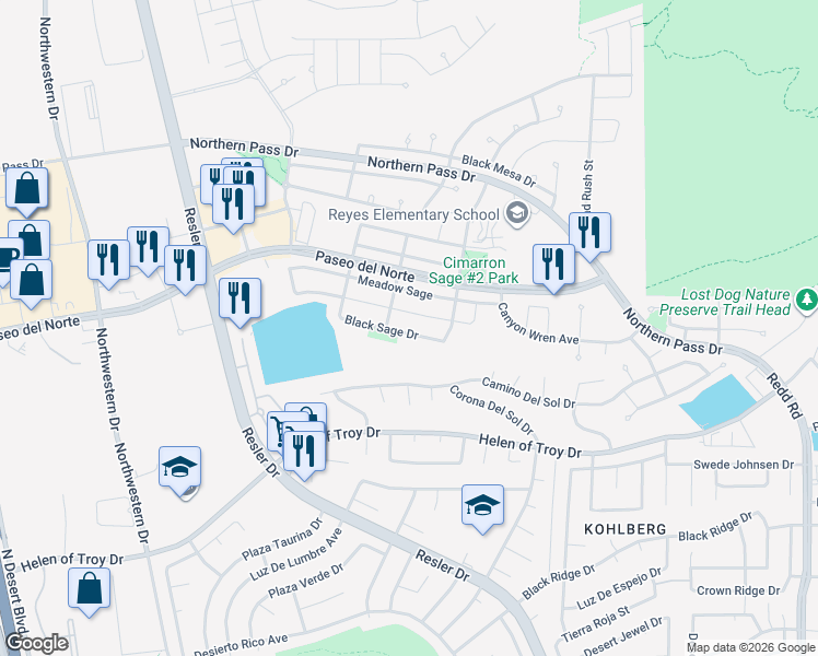 map of restaurants, bars, coffee shops, grocery stores, and more near 7356 Autumn Sage Drive in El Paso
