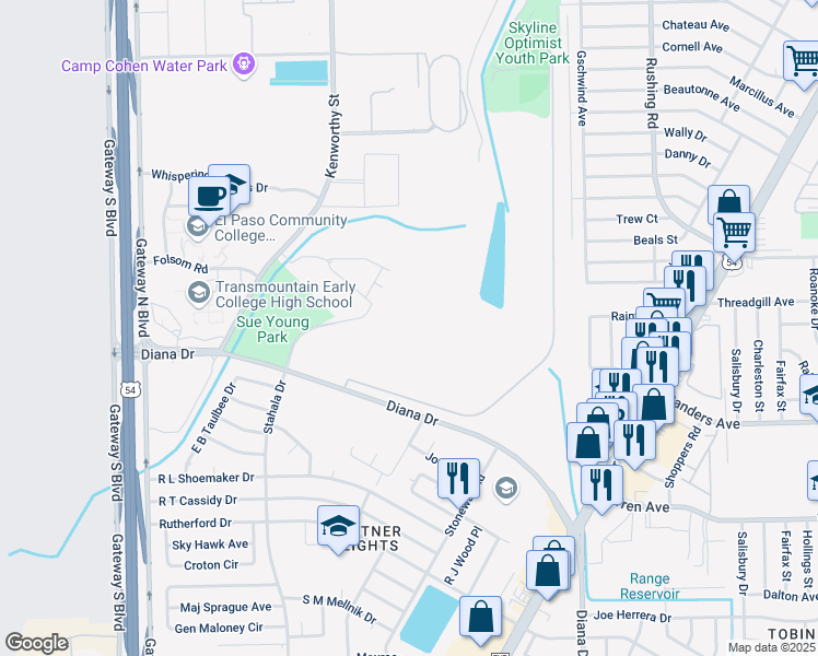 map of restaurants, bars, coffee shops, grocery stores, and more near 9500 Kenworthy Drive in El Paso