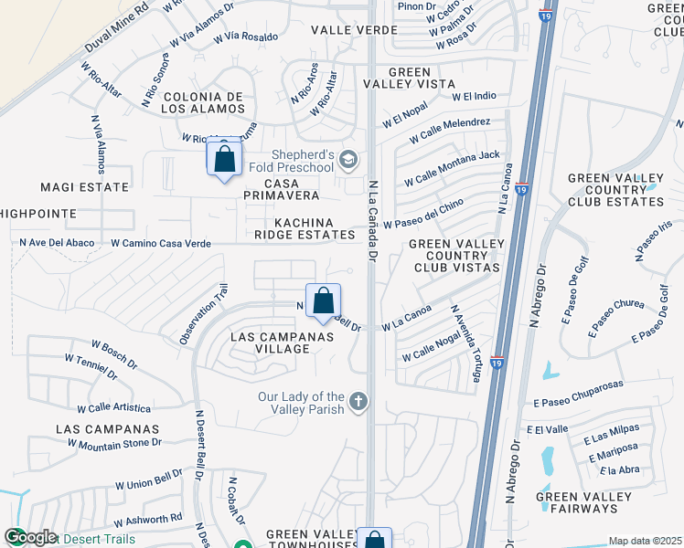 map of restaurants, bars, coffee shops, grocery stores, and more near 932 North Kiefer Lane in Green Valley