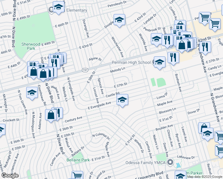 map of restaurants, bars, coffee shops, grocery stores, and more near 1527-1599 East 37th Street in Odessa