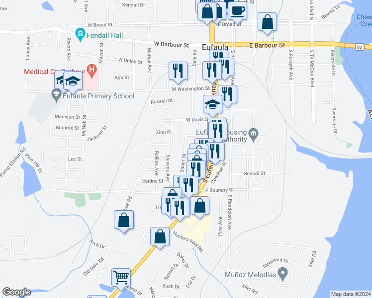 map of restaurants, bars, coffee shops, grocery stores, and more near 715-719 Stuart Street in Eufaula