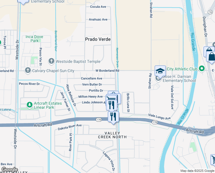 map of restaurants, bars, coffee shops, grocery stores, and more near 624 Vern Butler Drive in El Paso