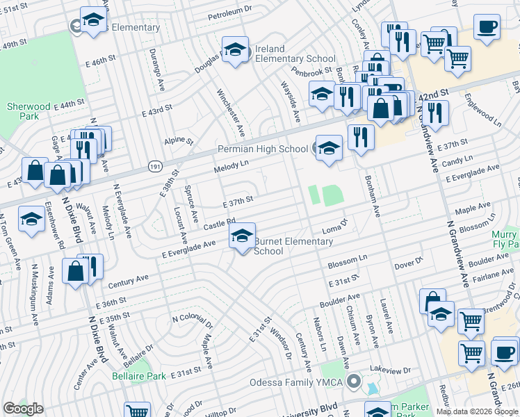 map of restaurants, bars, coffee shops, grocery stores, and more near 1617 Castle Rd in Odessa