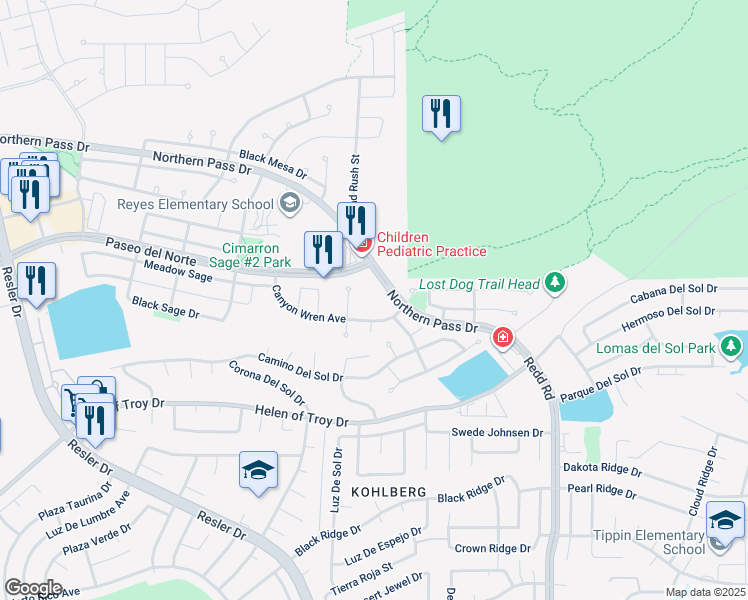 map of restaurants, bars, coffee shops, grocery stores, and more near 6201 Northern Pass Drive in El Paso