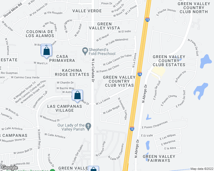 map of restaurants, bars, coffee shops, grocery stores, and more near 905 North Placita Martina in Green Valley