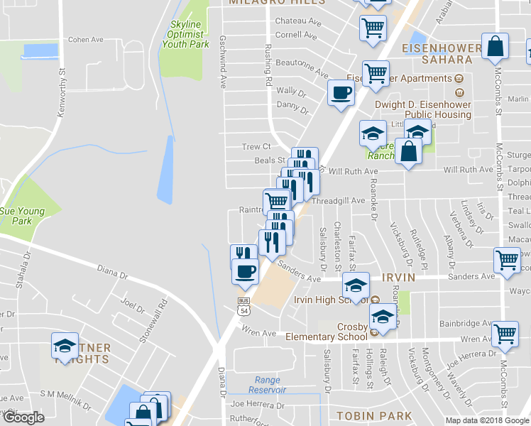 map of restaurants, bars, coffee shops, grocery stores, and more near 9573 Japonica Street in El Paso