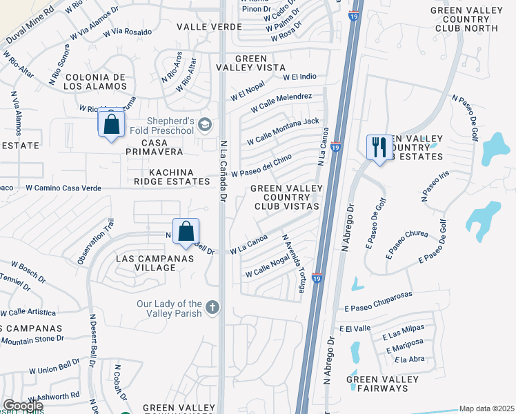 map of restaurants, bars, coffee shops, grocery stores, and more near 905 North Placita Martina in Green Valley