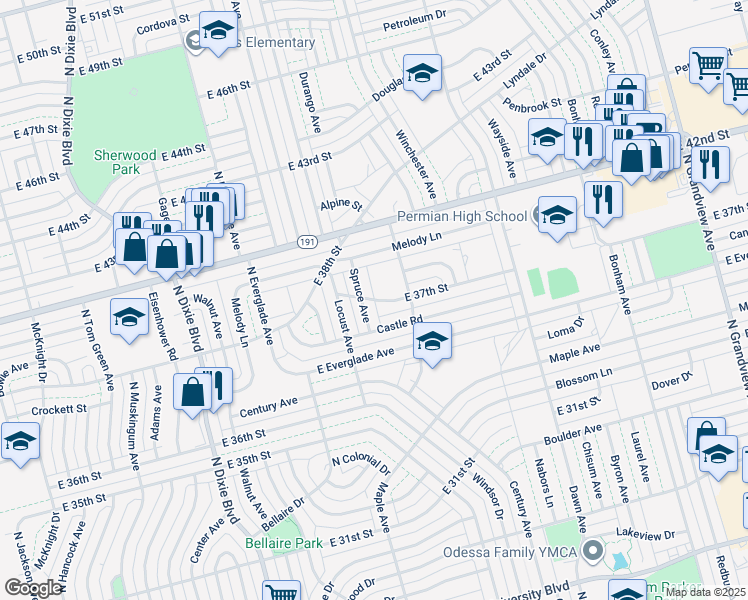 map of restaurants, bars, coffee shops, grocery stores, and more near 1527 East 37th Street in Odessa