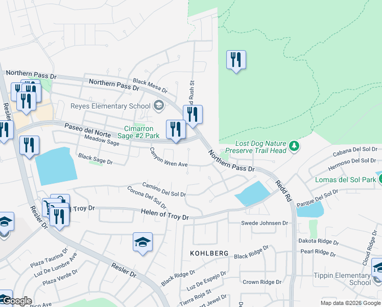 map of restaurants, bars, coffee shops, grocery stores, and more near 1672 Tonantzin Place in El Paso