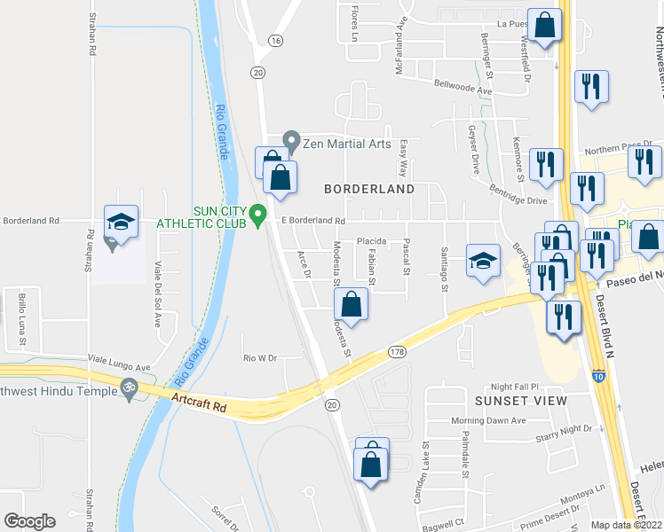 map of restaurants, bars, coffee shops, grocery stores, and more near 6341 Modesta Street in El Paso