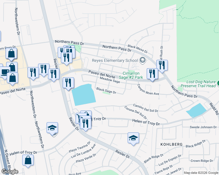 map of restaurants, bars, coffee shops, grocery stores, and more near 7356 Autumn Sage Drive in El Paso