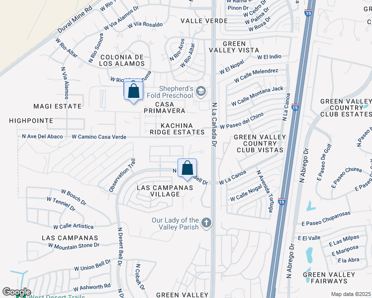 map of restaurants, bars, coffee shops, grocery stores, and more near 932 North Kiefer Lane in Green Valley