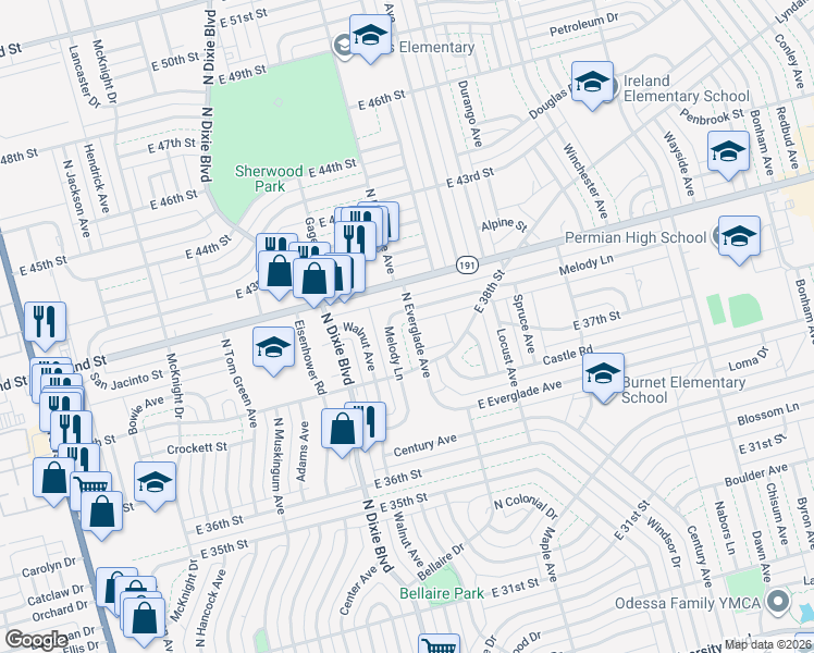 map of restaurants, bars, coffee shops, grocery stores, and more near 3815 North Everglade Avenue in Odessa