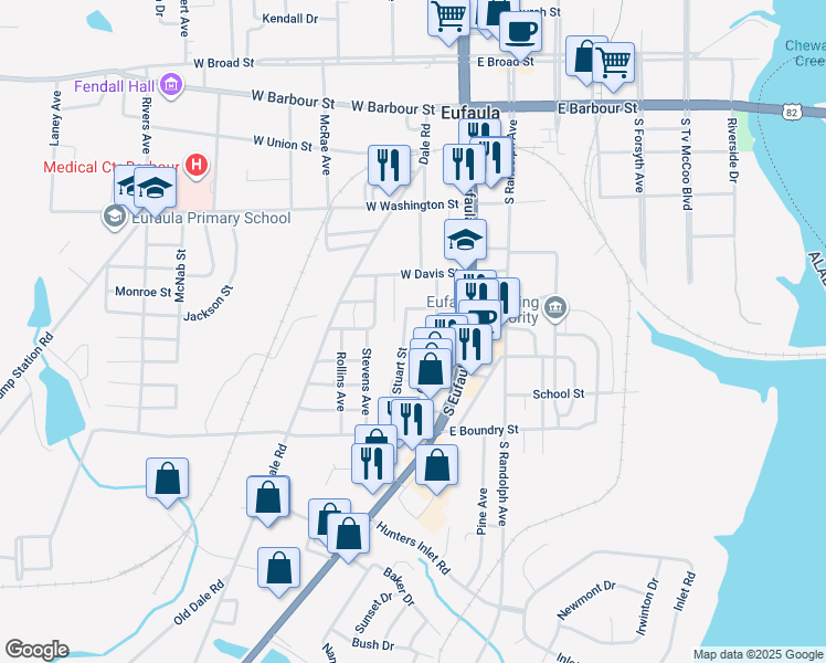 map of restaurants, bars, coffee shops, grocery stores, and more near 715 Stuart Street in Eufaula