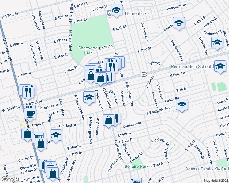 map of restaurants, bars, coffee shops, grocery stores, and more near 3820 Walnut Avenue in Odessa