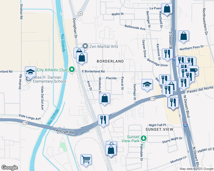 map of restaurants, bars, coffee shops, grocery stores, and more near 6238 Patria Street in El Paso