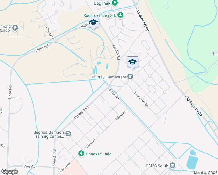 map of restaurants, bars, coffee shops, grocery stores, and more near 801 East 16th Street in Fort Stewart