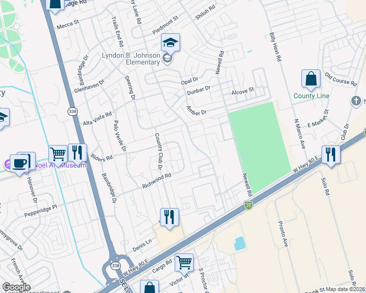 map of restaurants, bars, coffee shops, grocery stores, and more near 2501 Rocky Lane Road in Odessa