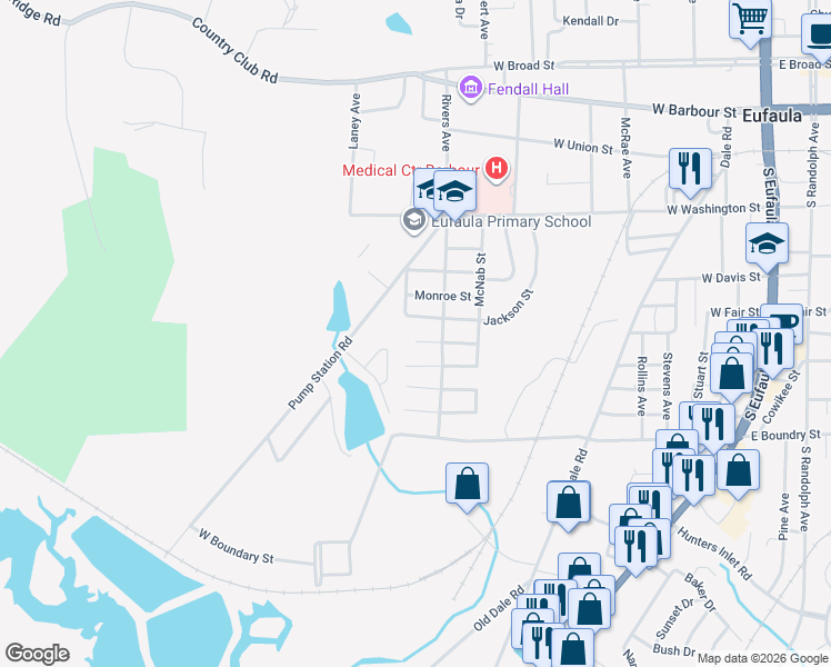 map of restaurants, bars, coffee shops, grocery stores, and more near 910 Franklin Street in Eufaula