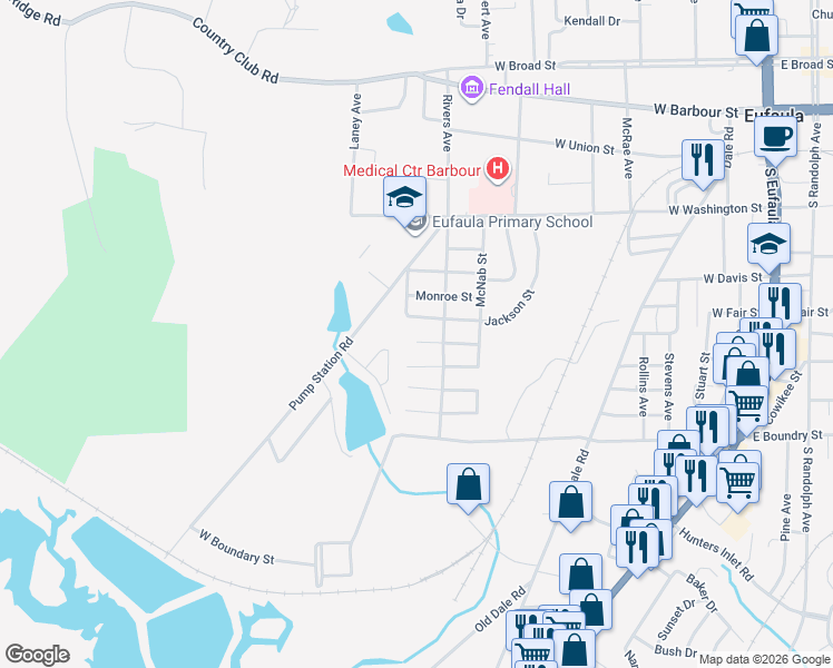 map of restaurants, bars, coffee shops, grocery stores, and more near 910 Franklin Street in Eufaula
