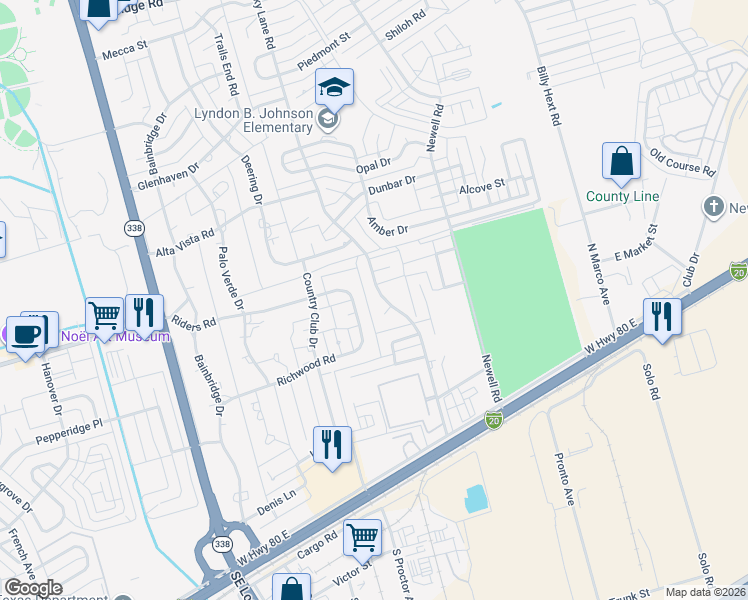 map of restaurants, bars, coffee shops, grocery stores, and more near 2501 Rocky Lane Road in Odessa
