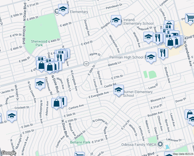 map of restaurants, bars, coffee shops, grocery stores, and more near 1450 East 37th Street in Odessa