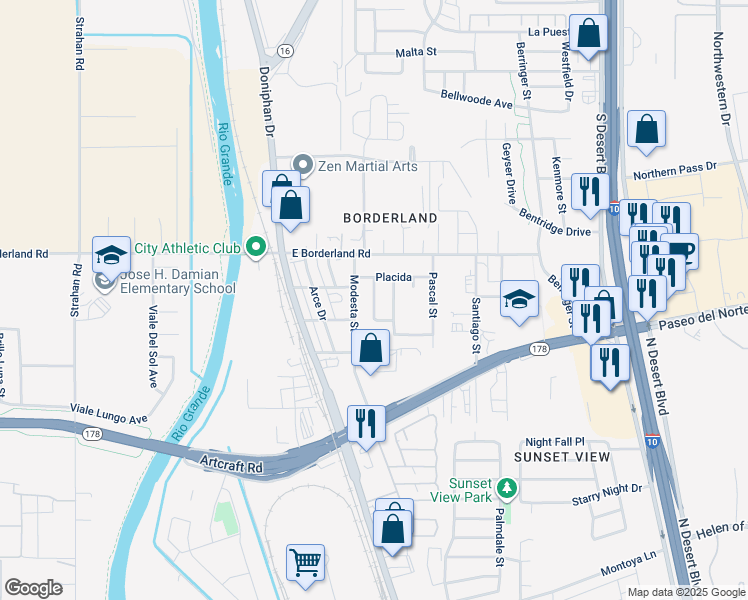 map of restaurants, bars, coffee shops, grocery stores, and more near 6238 Patria Street in El Paso